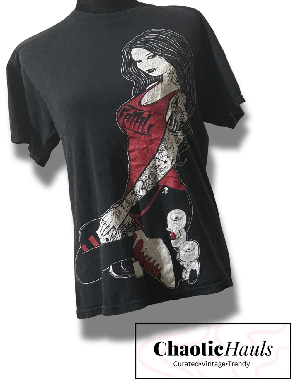 Vintage Fatal Clothing Y2K Roller Derby Tattoo Pin Up Graphic Tee Black Medium